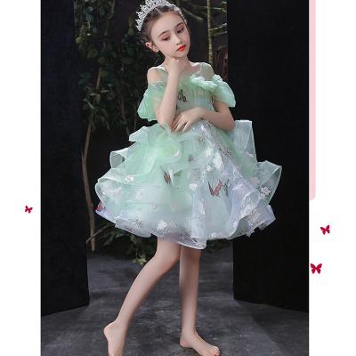 China Children's Birthday Princess Dress Green Butterfly Prom Dress Double Layer Fairy Tulle Dresses Washable Flower Little Girl Wedding Dress for sale