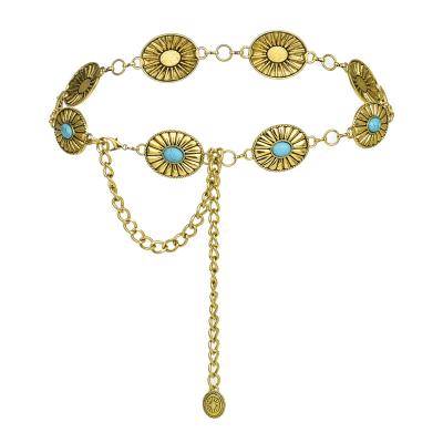 China Fashion.Casual Western Concho Chain Belt for Womens Wide Metal Chain Golden Belt Daisy Sweater Belt Decorated Skinny Stone Waist for sale