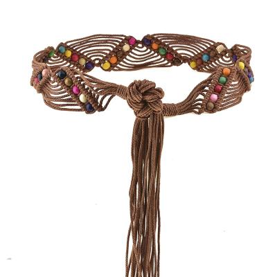 China Party Wedding Gift Banquet Christmas Brown Boho Braided Fringe Belt Women with Tassel and Beads Exotic Women Waist Belt Metal fashion  bweave belt RTS for sale