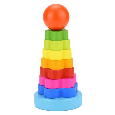 China Eco-Friendly Non-Toxic Multicolor Montessori Kids Educational Wooden Colorful Donut Rainbow Tower Stacking Toy for sale