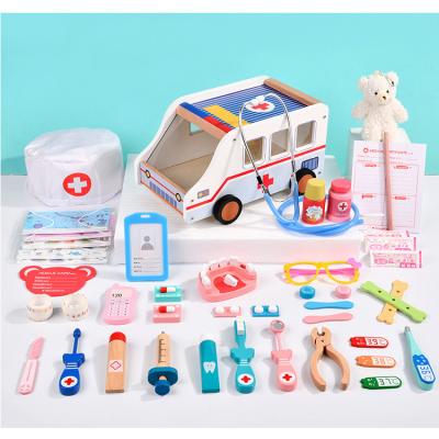 China Doctor's Tools Set Dentist Toy With Medicine Injection Stethoscope Children's Ambulance Role Playing Doctor Toy Set Wooden Room Rescue Car for sale