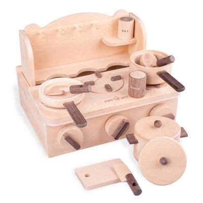 China Eco-friendly Non-Toxic Montessori Play House Pretend Play Kitchen Tableware Cooking Wooden Simulation Kitchen Toy for sale