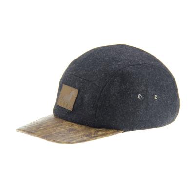 China Bamboo PU Wool Camping Baseball Cap 5 Panel Snapback Hat With Leather Embossed Logo for sale