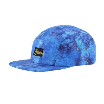 China Customized 5 Panel Camp Caps With All Over Sublimation Printing And Woven Patch Logo for sale