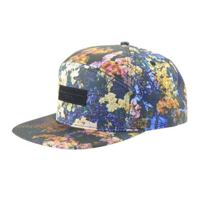 China 100% poliéster 7 Panel Snapback Sombrero de campamento personalizado con logotipo de parche de cuero en el frente en venta