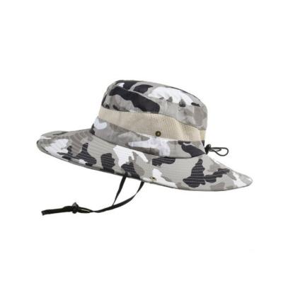 China Wide Brim Outdoor Fisherman Hat Leisure Camouflage Bucket Hat With String for sale