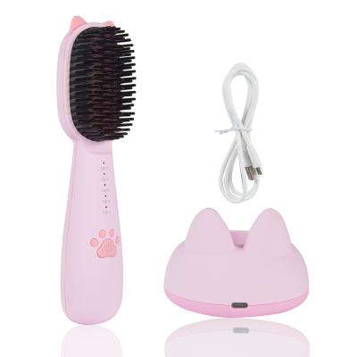 China Battery Operated Private Label Rechargeable Hair Straightening Brush Cordless Mini Hair Straightener Brush With Filling Base for sale