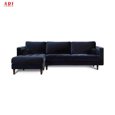 China Mid Century Ornate Blue Velvet Home Furniture L Shape Sectional Sofa for sale