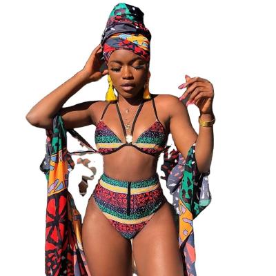 China 2022 Breathable Women Plus Size Swimwear African Print Swimwear Zipper Support Adult Triangle Waist Tops Two Piece Bikini Set for sale