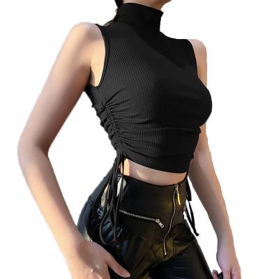 China 2022 New Fashion Women's Solid Color Tortoise Slim Drawstring Sexy No Neck Sleeveless Anti-pilling T-shirt Short Cropped Navel Top for sale