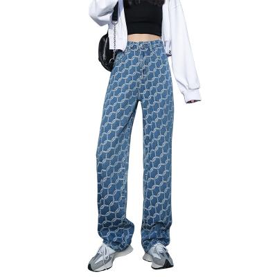 China 2022 New Summer Women's Leg Denim Pants Breathable High Waist Slim Jacquard Wide Leg Pants Slimming Blue Wiping Trousers for sale