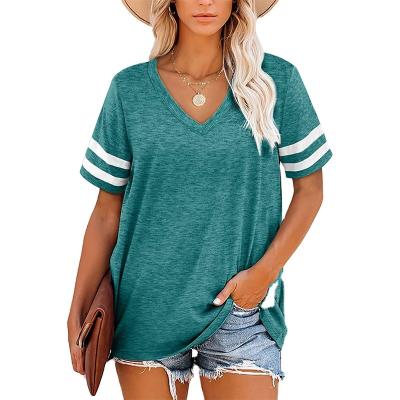 China New Wear 2022 Summer Women Solid Color Fashion T-shirt Loose V-Neck Stripe Anti-Wrinkle Short Sleeve Top for sale