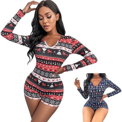 China QUICK DRY Women Print Sexy V-neck Loungewear Long Sleeve Christmas Sleepwear Women Xmas Overalls for sale