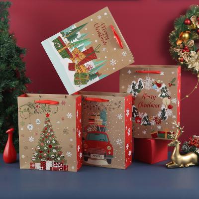 China Fashion Christmas Kraft Paper Gift Bags With Matching Xmas Prints For Holiday Kraft Paper Gift Bags for sale