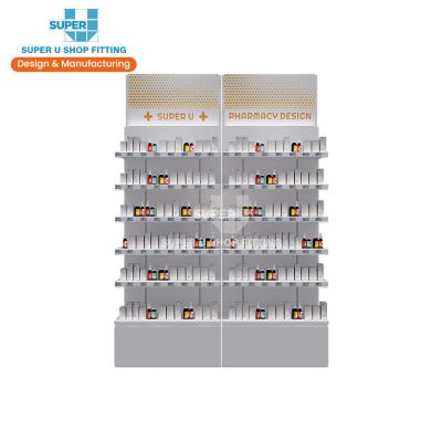 China Single Sided Metal Pharmacy Shelves Display Rack Retail Showcase Medicine Shelves Store Furniture Showcase Pharmacy Wall Shelves for sale