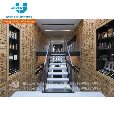 China Fashion Wine Store Display Cabinet Shopfittings Customized Design Floor Standing Bar Showcase Liquor Storage Interior Wooden Fixture for sale