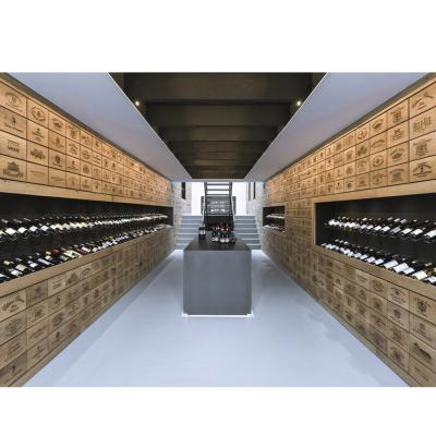 China Fashion Small Elegant Liquor Store Wine Racks Wooden Shelf Display Fixture Factory Supply Interior Furniture Retail Design for sale