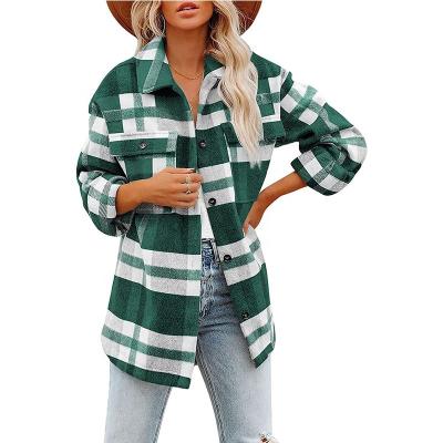 China Autumn Women's Casual Lapel Button Oversized Anti-Shrink Plaid Shirt Loose Down Long Plaid Shirt Coat Tartan Shacket Shacket Jacket for sale