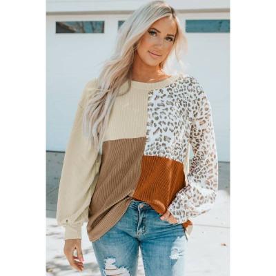 China Anti-pilling blouse leopard patchwork color block ribbed t-shirts blouses and shirts long sleeve women clothing boutique tops women for sale