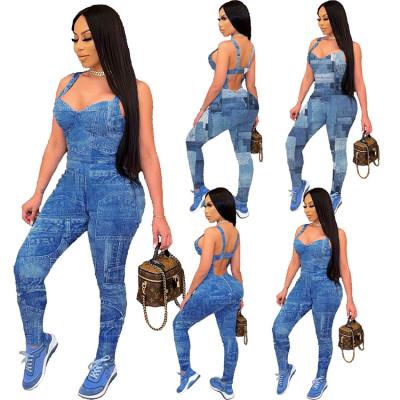 China Spring and summer new European and American women's fashion anti-pilling suspenders denim printing overalls for sale