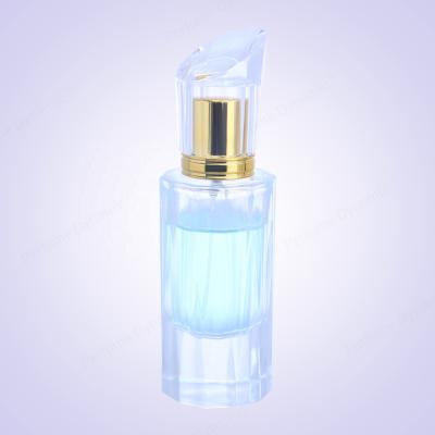 China Luxury Empty Refillable Glass Custom Bottle Cap Acrylic Polygonal Cylinder Perfume Bottle 50ml for sale