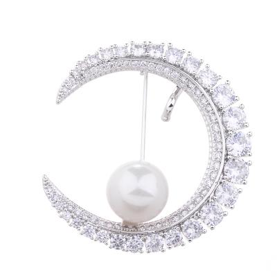 China Wholesale Custom Moon Diamond Pearl Popular Brooch Pin Copper All Matching Coat Corsage for sale