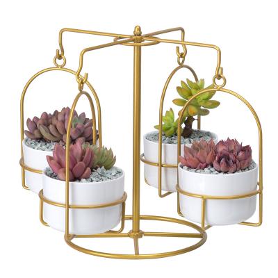 China Creative Carousel Hanging Pot Bump-resistant Round Ceramic Succulent Flower Pot Iron Frame Set for sale