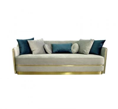 China Modern Gray Velvet &Gold Metal Rivet Tufted Trim Contemporary High End Look Sofa For Living Room for sale