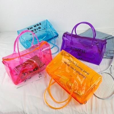 China Custom Clear Gym Tote Spend A Night Fashion Handbag Overnight Bag Transparent Colored Jelly Make Up Holographic Duffle PVC Silicone Bag for sale