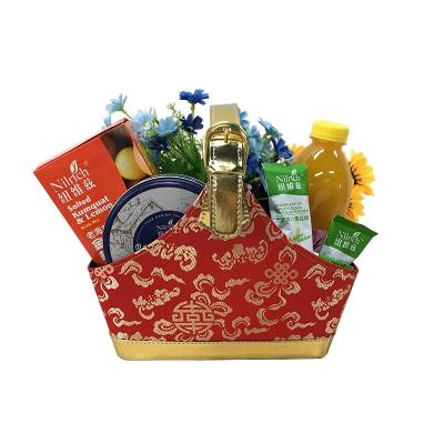 China Sustainable Chinese Wholesale Leather Portable Red Wine PU Packing Gift Fruit Storage Basket For New Year for sale