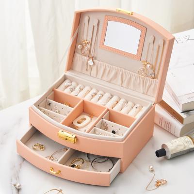 China Modern PU Eco-Friendly Jewelry Box Jewelry Organizer For Women 2 Medium Layers With Lock Jewelry Box Earrings Necklace Rings Bracelets for sale