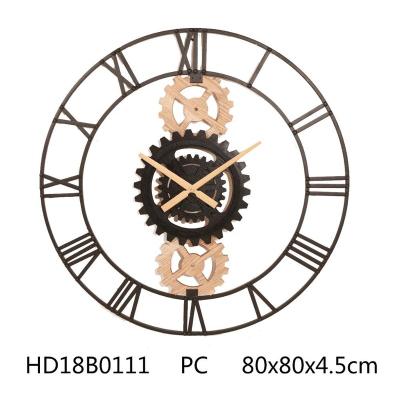 China Gear Skeleton Circular Frame Metal Retro Calendars Design Wooden Wall Clock for sale