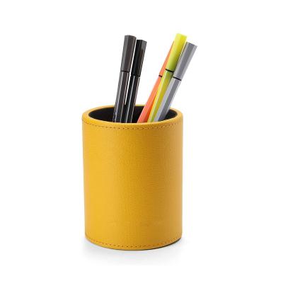 China Fashion Durable Colorful Faux Leather Round Pen Pencil Holder Desk Organizer for sale