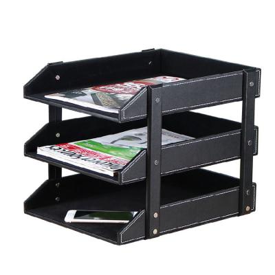 China Office Stationery Set 3 Slots Magazine Holder Desk Leather File Document Tray Organizer for sale