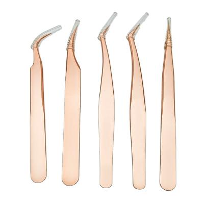 China Stainless Steel Professional Curved Volume Tweezers Clear Rose Gold Eyelash Tweezers Custom Eyelash Tweezers for sale