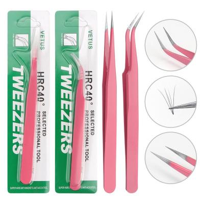 China Beauty care makeup tools straight headed pink tweezers stainless steel volume eyelash tweezers for sale