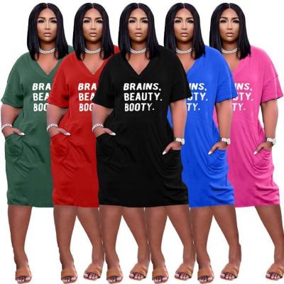 China SHIZAI new arrival summer anti-static letter printed V-neck women's casual dress for sale