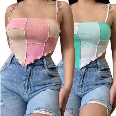 China Hot Selling Autumn Anti-Wrinkle Women Tops Wrap Fashionable Knit Suspender Rib Color Block Casual Summer Ladies Short Beach Tops for sale