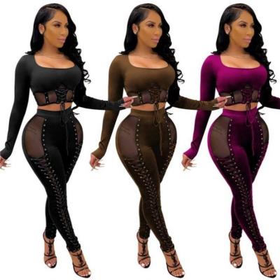 China Lady Clothes 2021 high quality lacing spliced ​​outfits autumn anti-pilling fashion 2 piece set women's two piece set women's clothing for sale