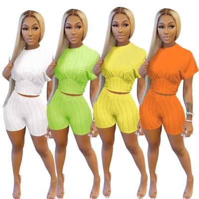 China Anti-pilling shorts sleeves O neck sports waist pineapple lattice Fabri three-dimensional 2021 summer outfits women's tracksuit two-piece set for sale