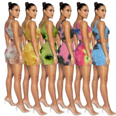 China SHIZAI New Style Anti-pilling Women Clothing Tie Dye Yoga Sports Beach Top and Short Pants Girls Summer Clothing Two Piece Set for sale