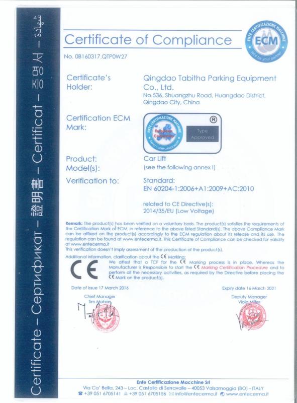 CE - Qingdao Tabitha Parking Equipment CO., Ltd.