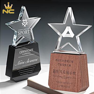 China China Custom Black Glass Crystal Star Award Trophy With Wooden Base for sale