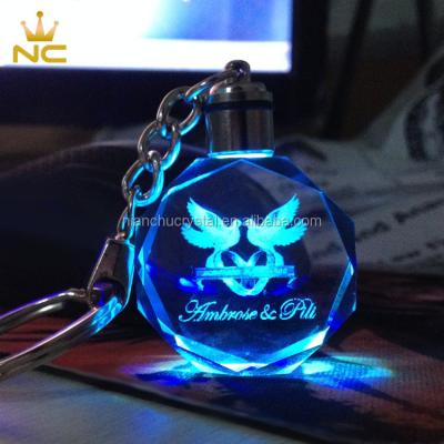 China China 3D Laser Engraving Crystal Wedding Gifts Glass Souvenir Key Chain With Led Light for sale