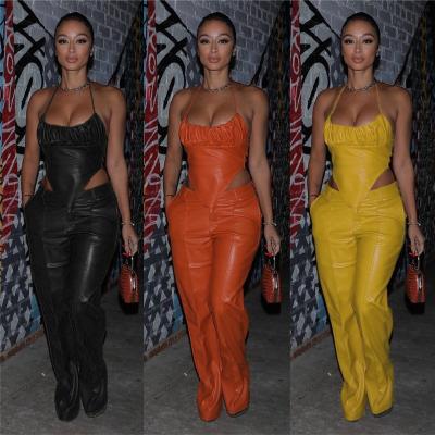 China Spring Breathable Women Set 2 Winter Wear Sexy Pants Ladies Crop Tops Fashion Two Piece Sets Leather PU Pants for sale