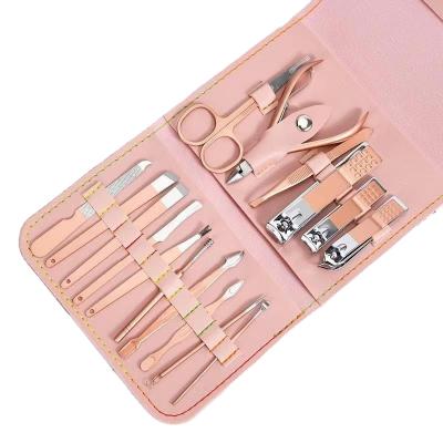 China Personal Care Nail Clipper Set PU Pink Bag 16pcs Professional French Rose Gold Manicure Set For Girls for sale