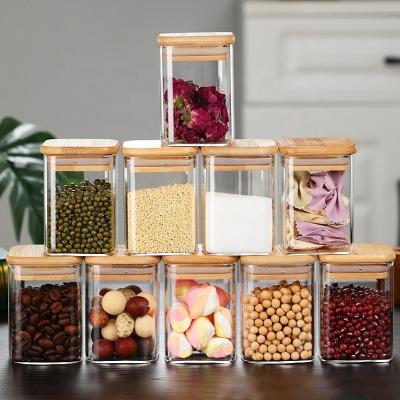 China 10Pcs Microwavable Square Glass Spice Jars With Natural Bamboo Lids for sale