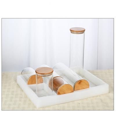 China Borosilicate glass microwavable jars with bamboo lids. 6 pc set air tight sealable containers. Food jar canisters for sale