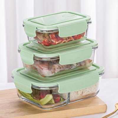 China 3 Piece Microwavable Set Rectangle Borosilicate Glass Airtight Glass Lunch Box Container With Lid for sale