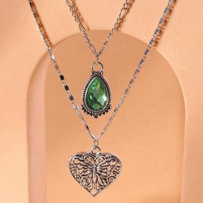 China Durable Heart Imitation Butterfly Turquoise Butterfly Statement Jewelry Women's Vintage Drop Water Gemstone Green Drop Water Pendant Necklaces for sale